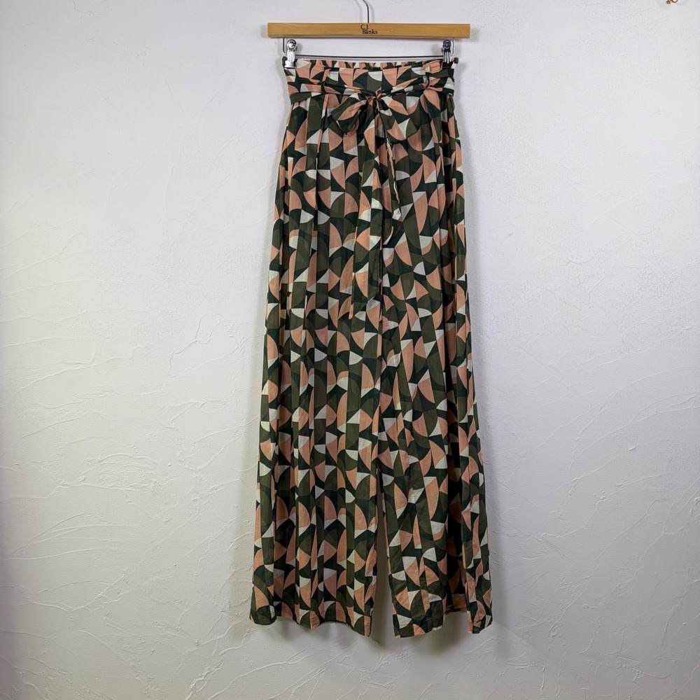 PatBo Wide Leg Pants Womens Size 6 Green Pink Cotton Resortwear Vacation Boho